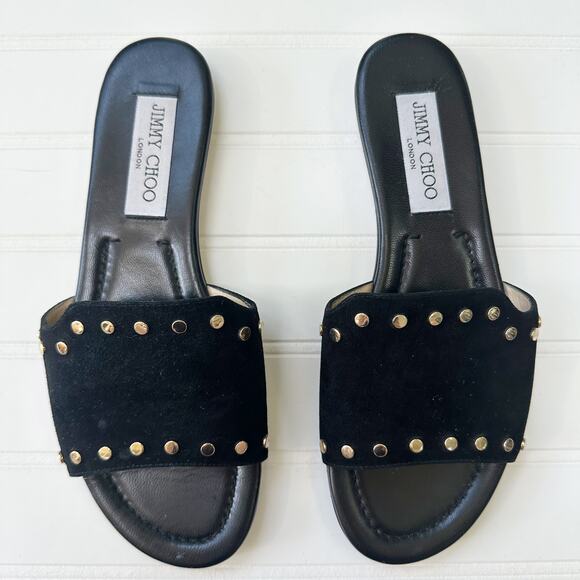 Jimmy Choo Nanda Black Suede Studded Flat Slide Sandals Women’s Designer 37 - Picture 7 of 7